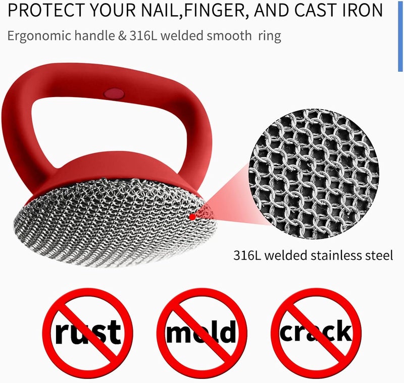 Herda Cast Iron Cleaner Scrubber+Tray with Handle, Welded Chainmail Scrubber for Pan Pot Grill Oven Wok Cleaning- Small Ring Chain Scrub Metal Scraper Brush Iron Skillet Steel Wool Scrubber Steel Sponge - Image 5